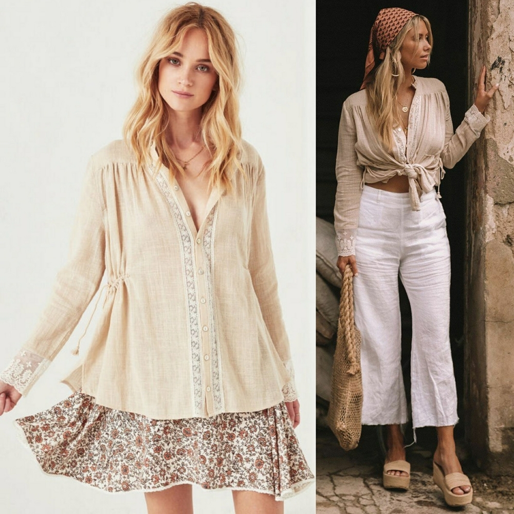 NWT Paloma Blouse M Spell Designs Neutral Linen natural buttondown top shirt tan